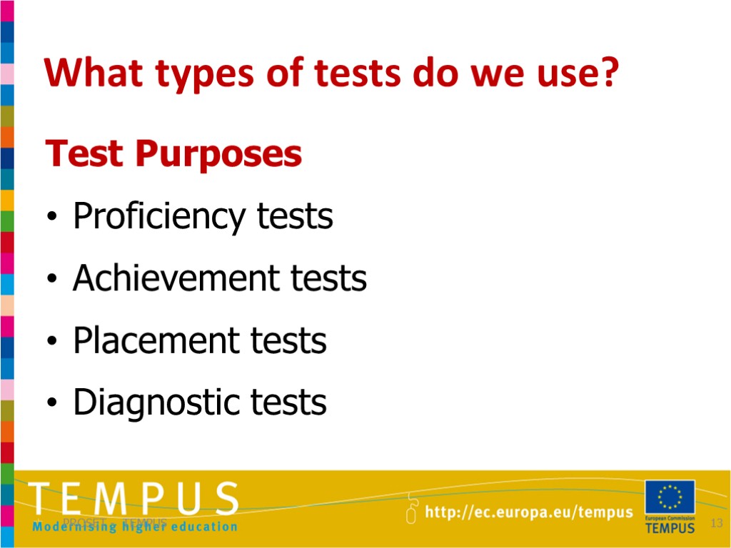 What types of tests do we use? PROSET - TEMPUS 13 Test Purposes Proficiency